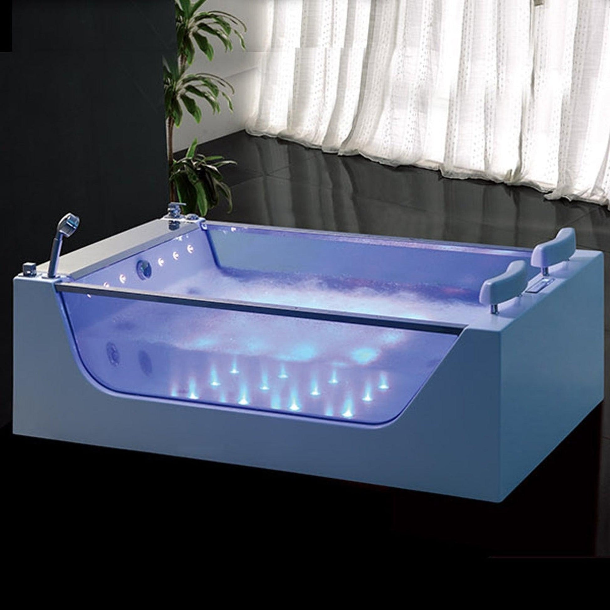 Fontana Sierra 71" x 47" 2-Person White Rectangular Freestanding Whirlpool Massage Indoor Acrylic Glass Bathtub With Bubbles LED Multicolor Light
