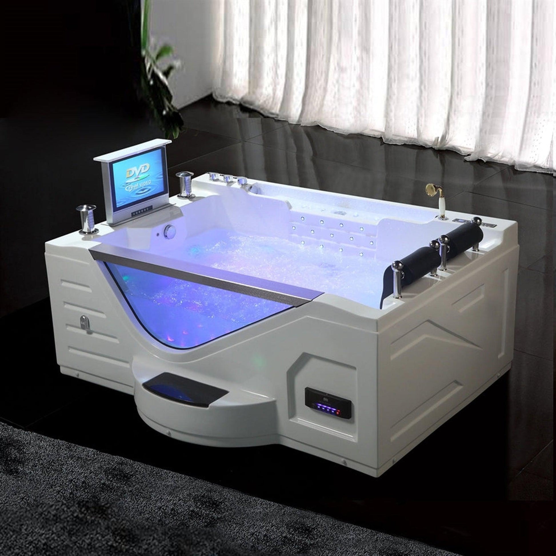 Fontana Sierra 77" x 57" White Rectangular Freestanding Air and Whirlpool Massage Indoor Acrylic Bathtub With Bubbles LED Multicolor Light and TV