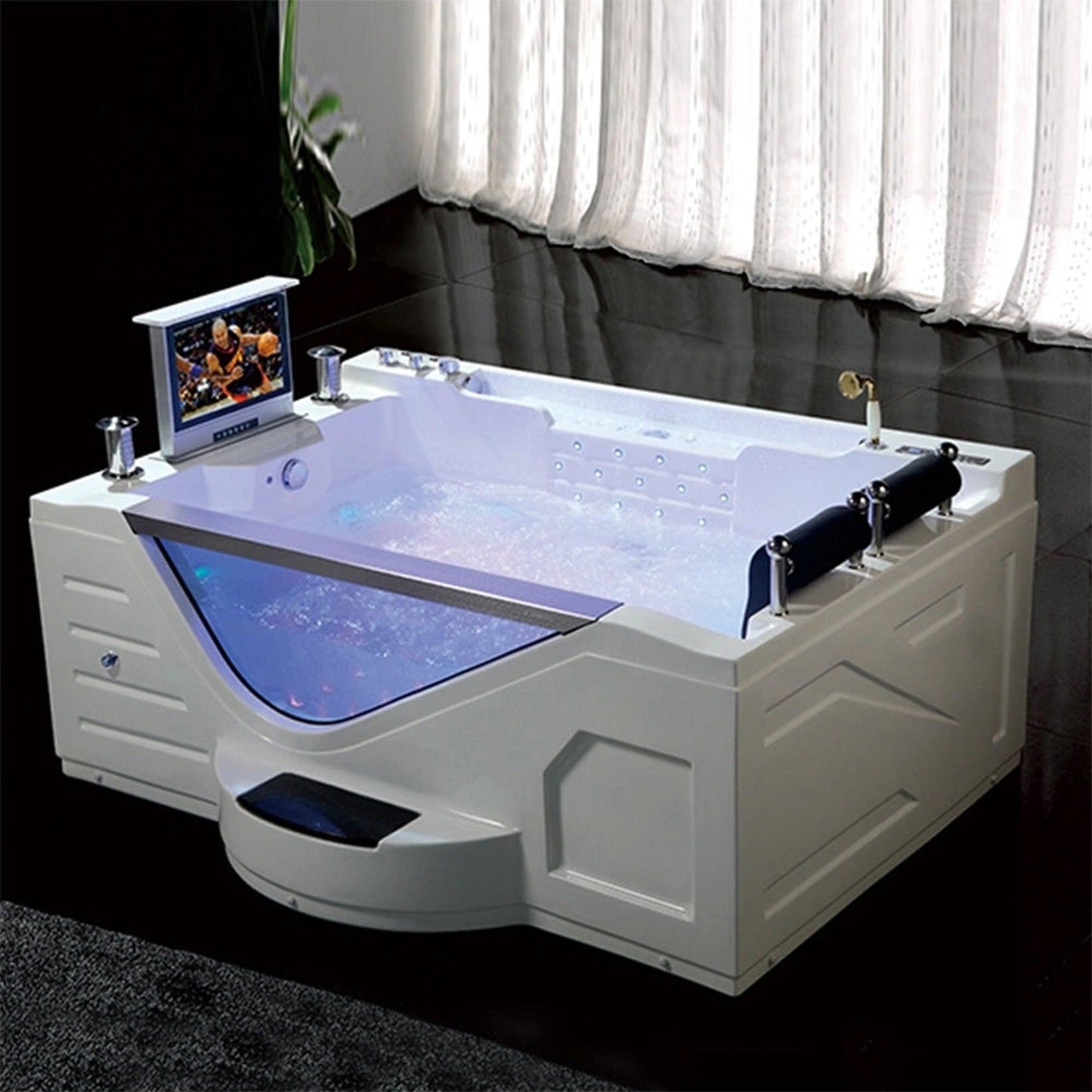 Fontana Sierra 77" x 57" White Rectangular Freestanding Air and Whirlpool Massage Indoor Acrylic Bathtub With Bubbles LED Multicolor Light and TV