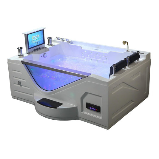 Fontana Sierra 77" x 57" White Rectangular Freestanding Air and Whirlpool Massage Indoor Acrylic Bathtub With Bubbles LED Multicolor Light and TV