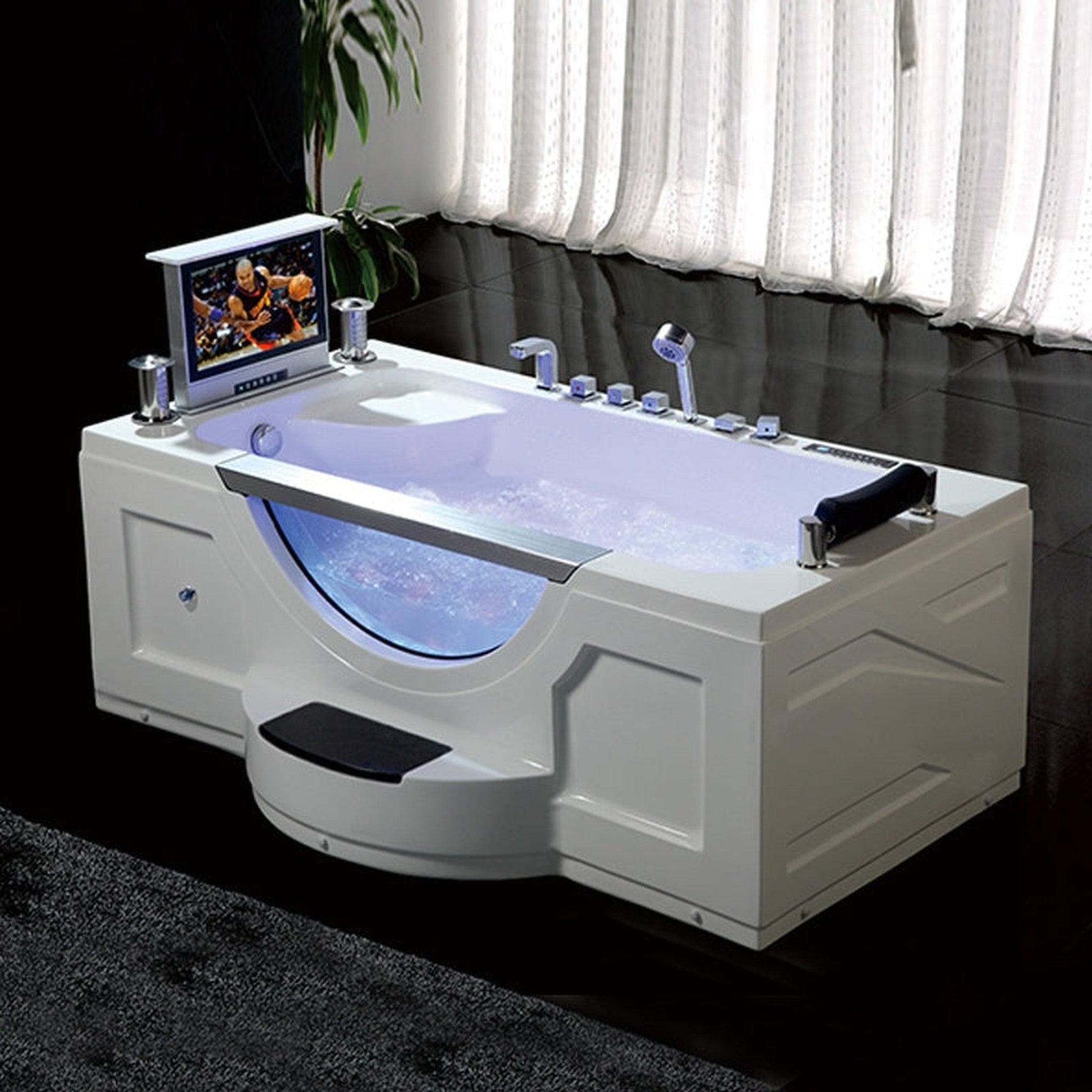 Fontana Sierra Single Seater White Rectangular Freestanding Personal Whirlpool Massage Indoor Acrylic Bathtub With TV