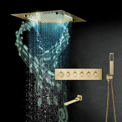 Fontana Sorrento Brushed Gold Recessed Ceiling Mounted Thermostatic Phone Controlled LED Musical Rainfall Mist Waterfall Shower System With Hand Shower