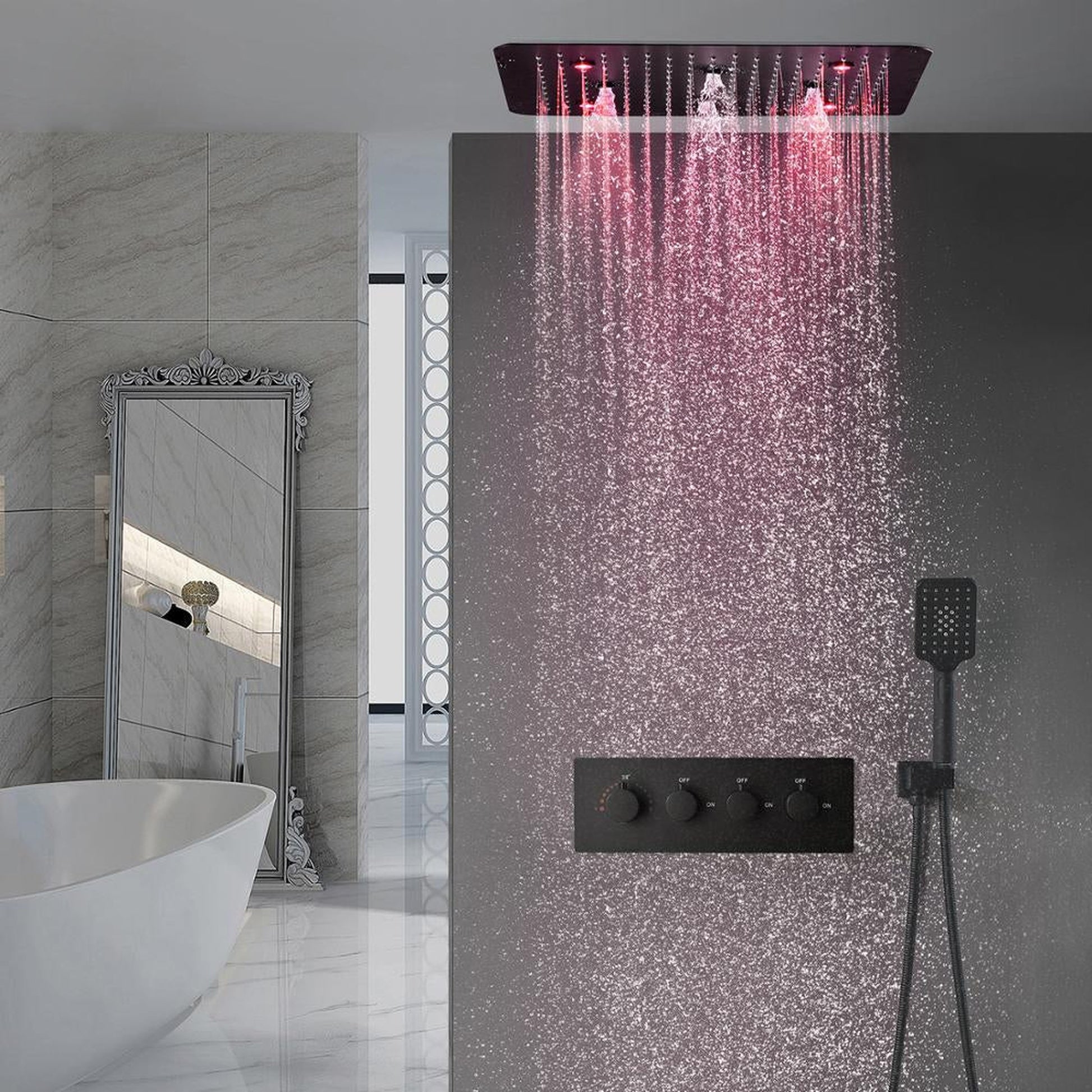 Fontana St. Gallen Matte Black Square Ceiling Mounted Multifunction Thermostatic LED Bathroom Shower Set With Hand Shower