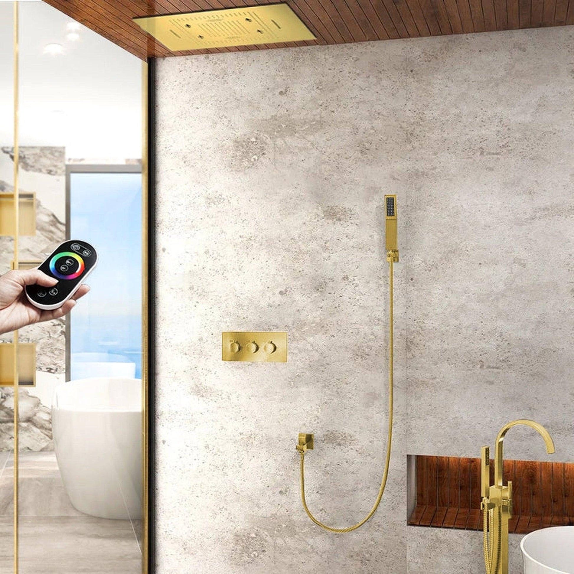 Fontana Terni Polished Gold Recessed Ceiling Mounted Remote Controlled Thermostatic LED Rainfall Waterfall Mist Hot and Cold Shower System With Square Hand Shower