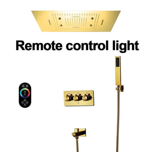 Fontana Terni Polished Gold Recessed Ceiling Mounted Remote Controlled Thermostatic LED Rainfall Waterfall Mist Hot and Cold Shower System With Square Hand Shower