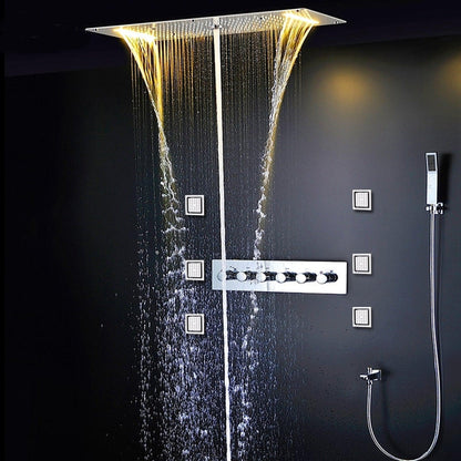 Fontana Toulouse Stainless SteelCeiling Mounted Thermostatic LED Shower System With Hand Shower, 6-Body Jets and Spout