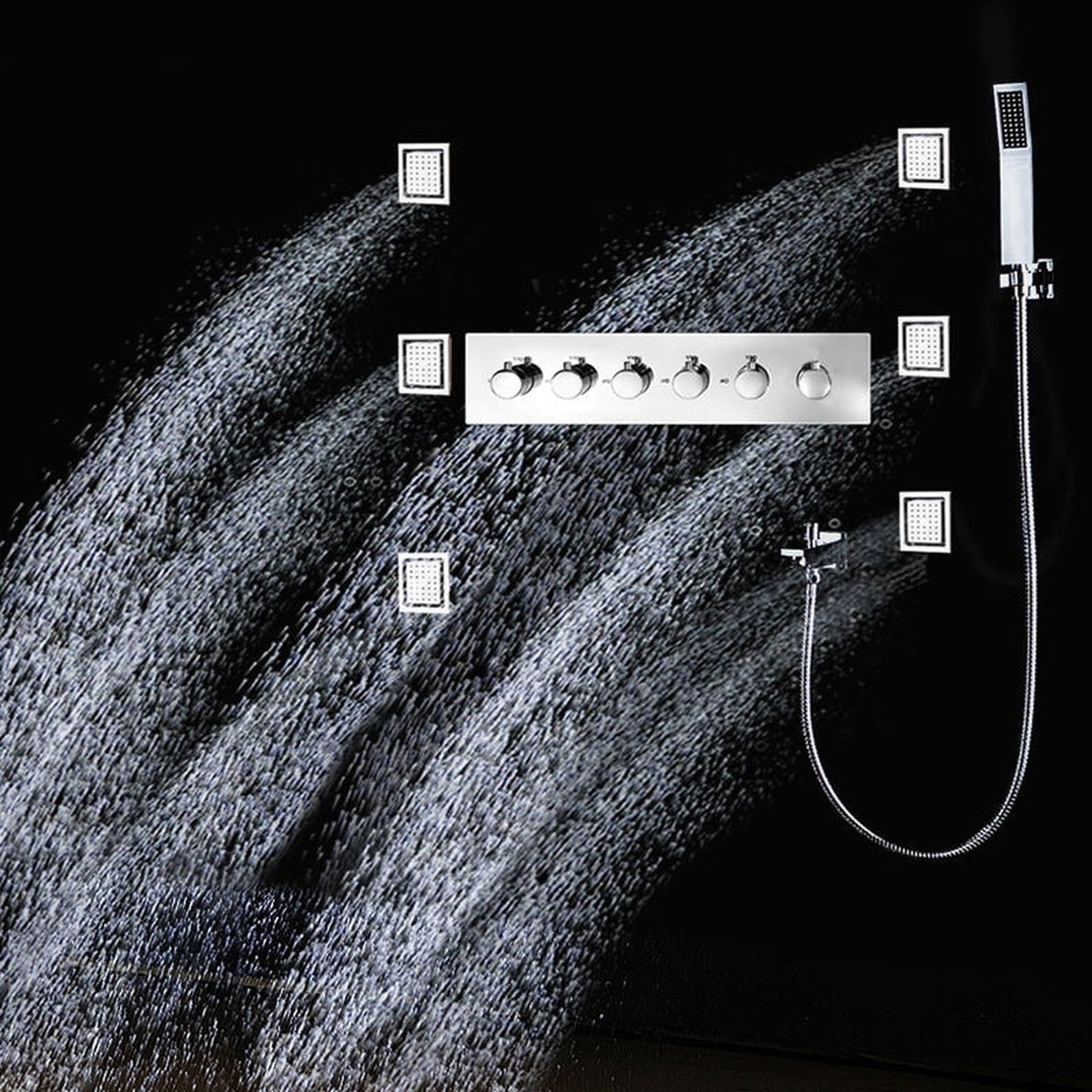 Fontana Toulouse Stainless SteelCeiling Mounted Thermostatic LED Shower System With Hand Shower, 6-Body Jets and Spout