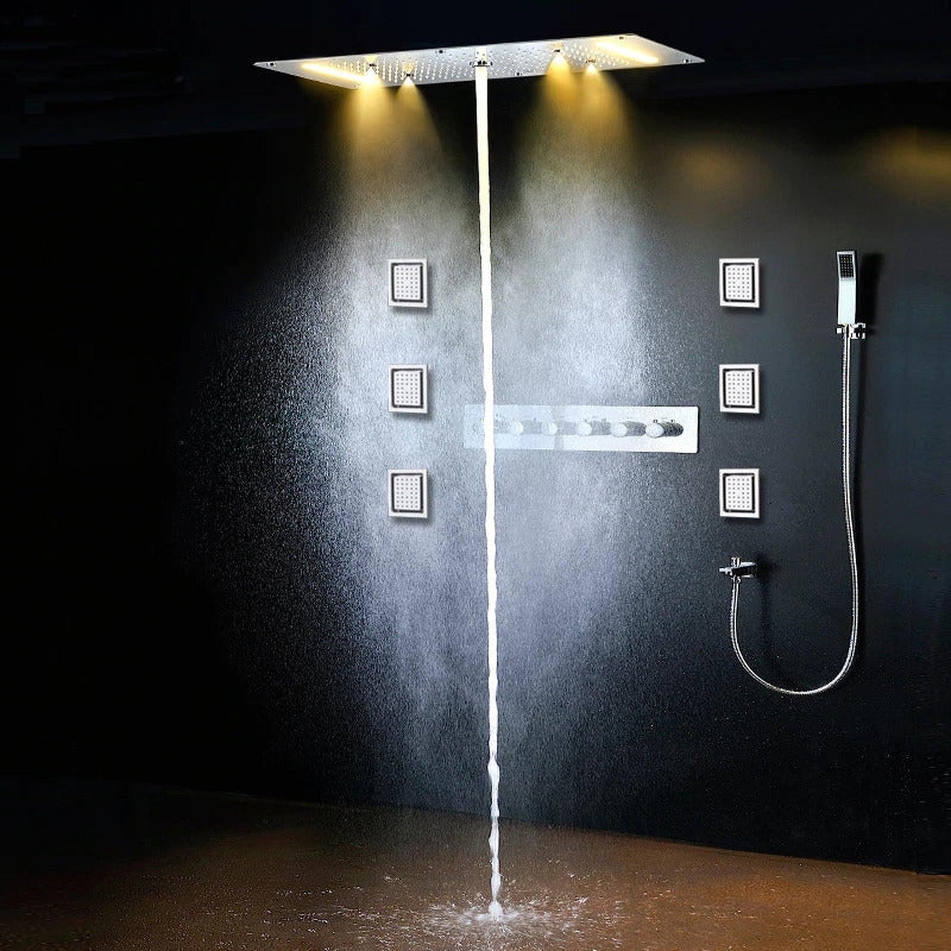 Fontana Toulouse Stainless SteelCeiling Mounted Thermostatic LED Shower System With Hand Shower, 6-Body Jets and Spout