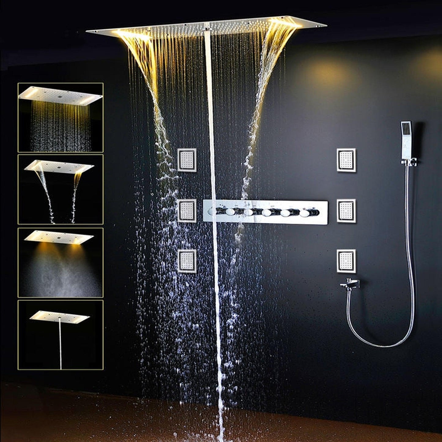 Fontana Toulouse Stainless SteelCeiling Mounted Thermostatic LED Shower System With Hand Shower, 6-Body Jets and Spout