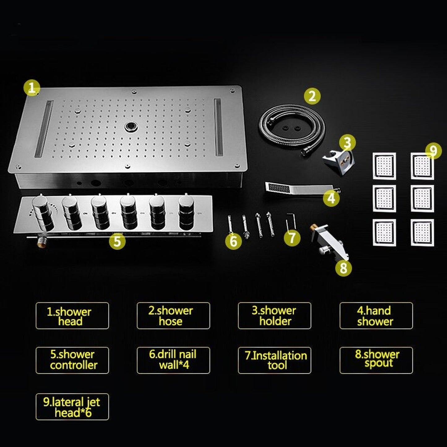 Fontana Toulouse Stainless SteelCeiling Mounted Thermostatic LED Shower System With Hand Shower, 6-Body Jets and Spout