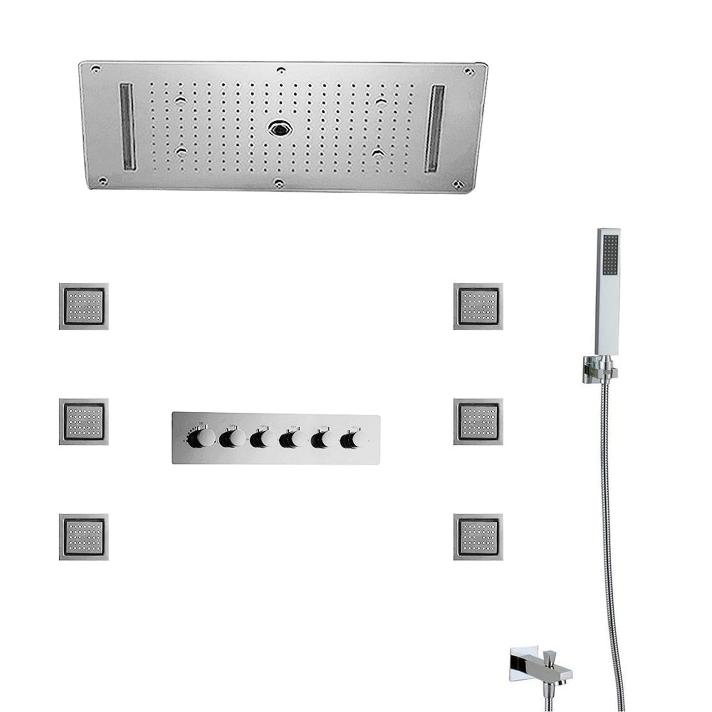 Fontana Toulouse Stainless SteelCeiling Mounted Thermostatic LED Shower System With Hand Shower, 6-Body Jets and Spout