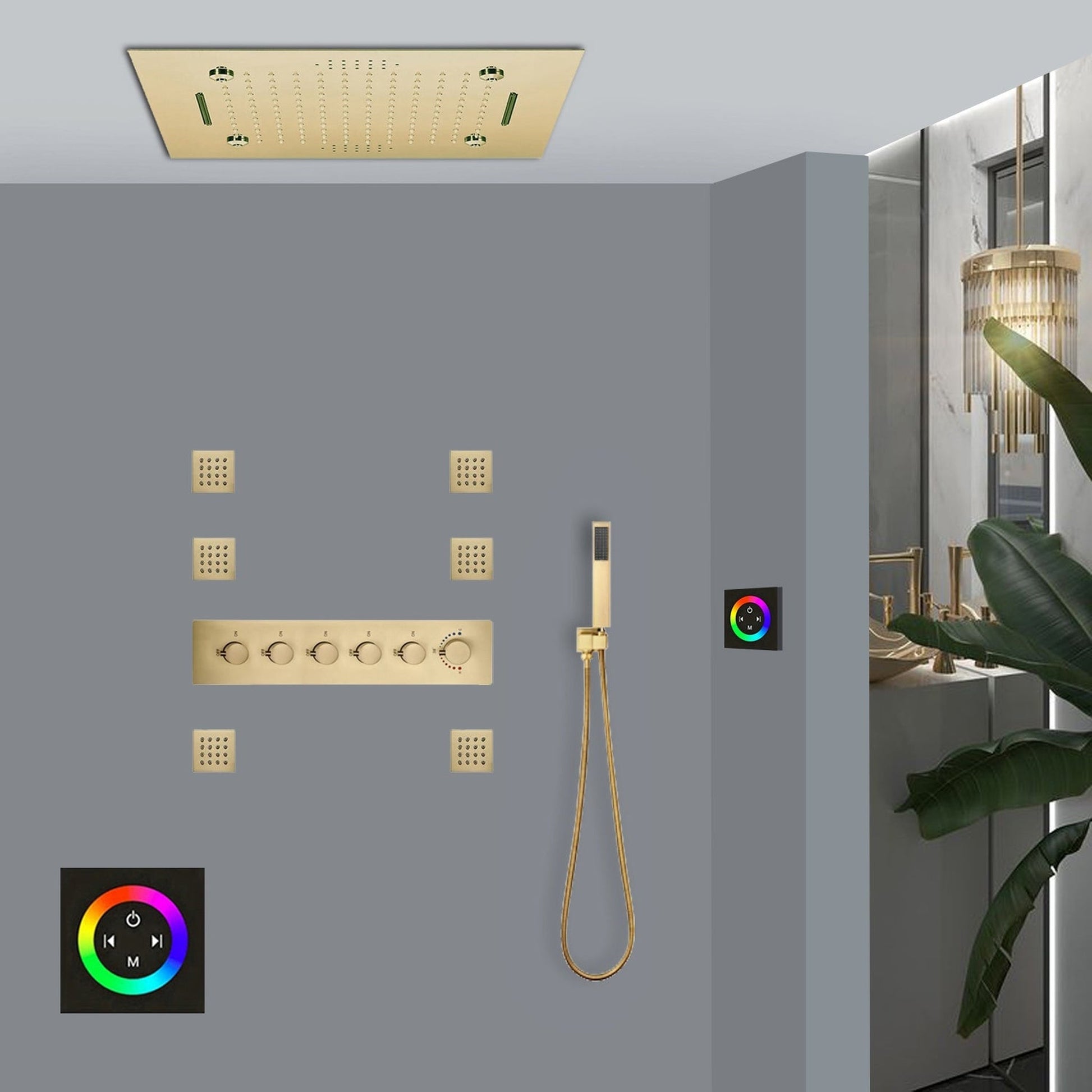 Fontana Trento Brushed Gold Recessed Celing Mounted LED Musical Touch Panel Controlled Thermostatic Rainfall Mist Waterfall Shower System With Hand Shower and 6-Body Jets