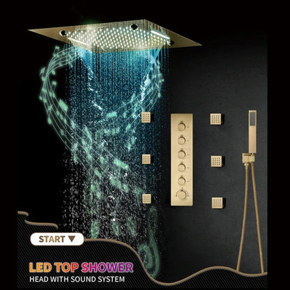 Fontana Trento Brushed Gold Recessed Celing Mounted LED Musical Touch Panel Controlled Thermostatic Rainfall Mist Waterfall Shower System With Hand Shower and 6-Body Jets