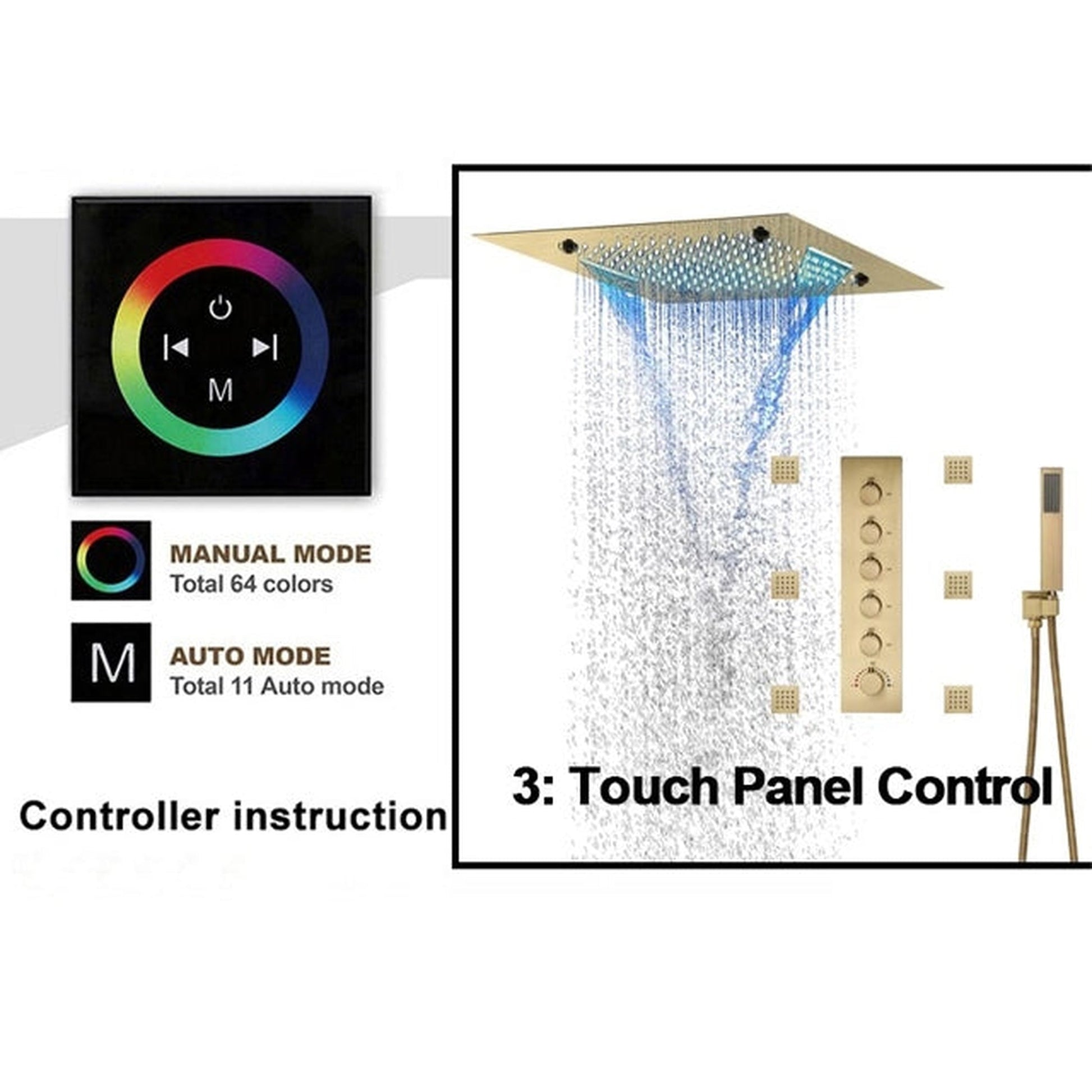 Fontana Trento Brushed Gold Recessed Celing Mounted LED Musical Touch Panel Controlled Thermostatic Rainfall Mist Waterfall Shower System With Hand Shower and 6-Body Jets