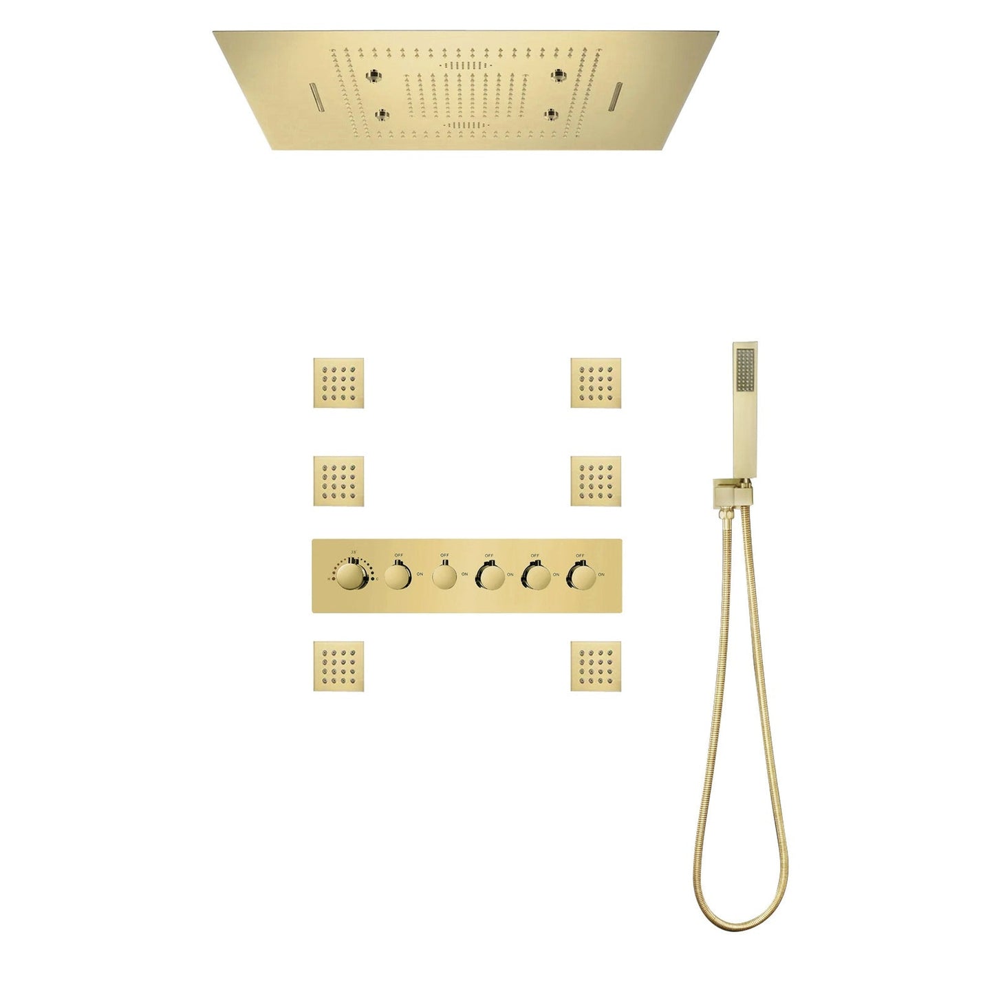 Fontana Trento Brushed Gold Recessed Celing Mounted LED Musical Touch Panel Controlled Thermostatic Rainfall Mist Waterfall Shower System With Hand Shower and 6-Body Jets