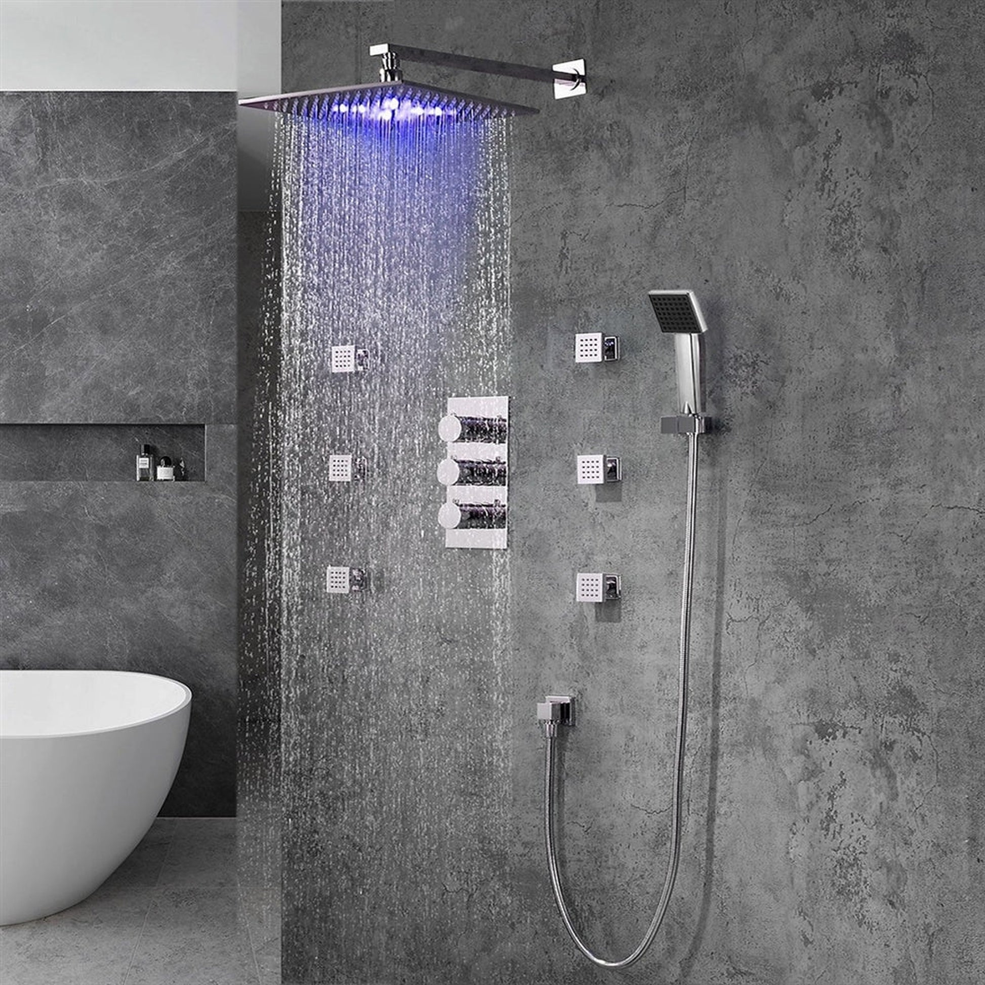 Fontana Trialo 10" Polished Chrome Round Wall-Mounted Color Changing LED Shower System With Regular Mixer, Adjustable 6-Body Jets and Hand Shower