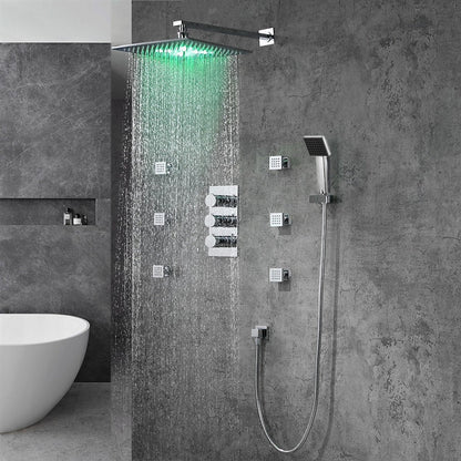 Fontana Trialo 10" Polished Chrome Square Wall-Mounted Color Changing LED Shower System With Regular Mixer, Adjustable 6-Body Jets and Hand Shower