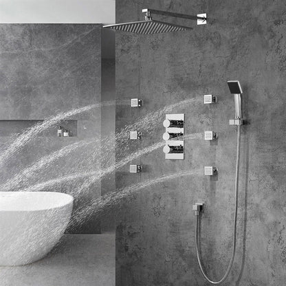 Fontana Trialo 10" Polished Chrome Square Wall-Mounted Color Changing LED Shower System With Regular Mixer, Adjustable 6-Body Jets and Hand Shower