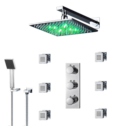 Fontana Trialo 10" Polished Chrome Square Wall-Mounted Color Changing LED Shower System With Thermostatic Mixer, Adjustable 6-Body Jets and Hand Shower