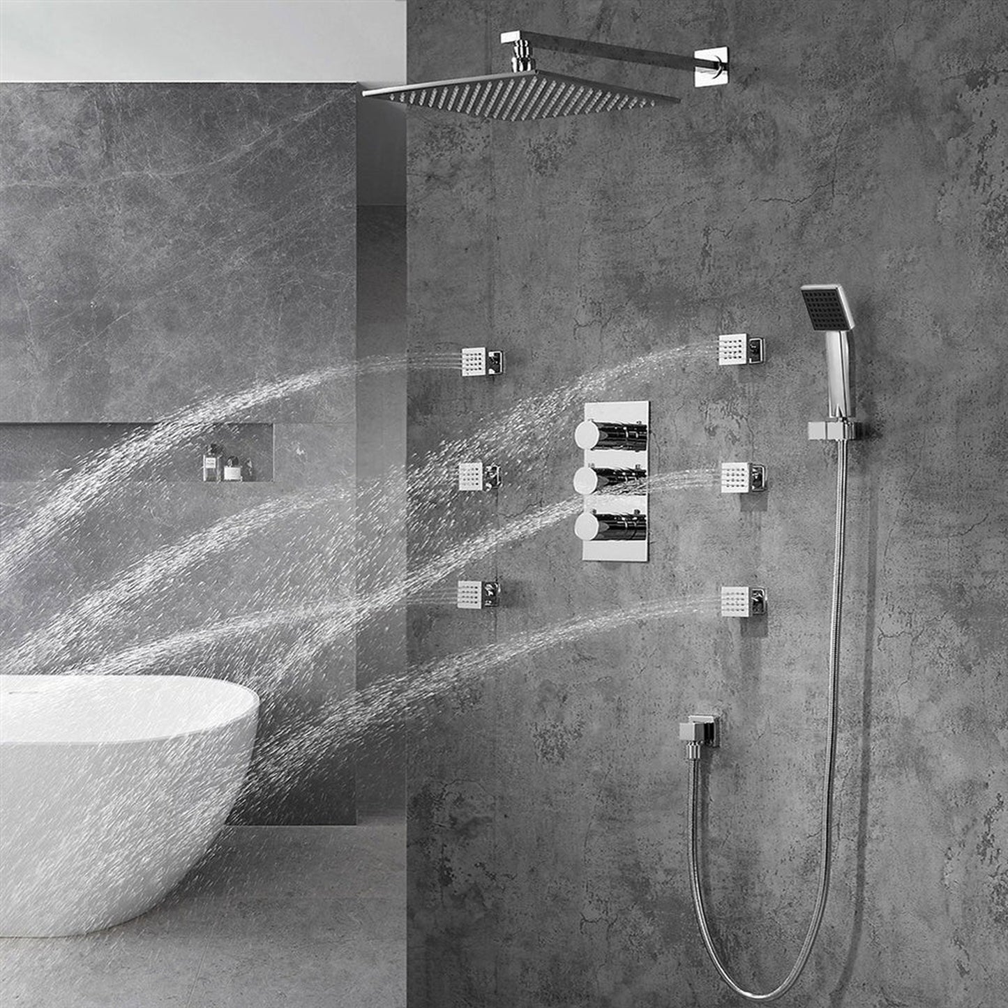 Fontana Trialo 12" Polished Chrome Round Wall-Mounted Color Changing LED Shower System With Regular Mixer, Adjustable 6-Body Jets and Hand Shower