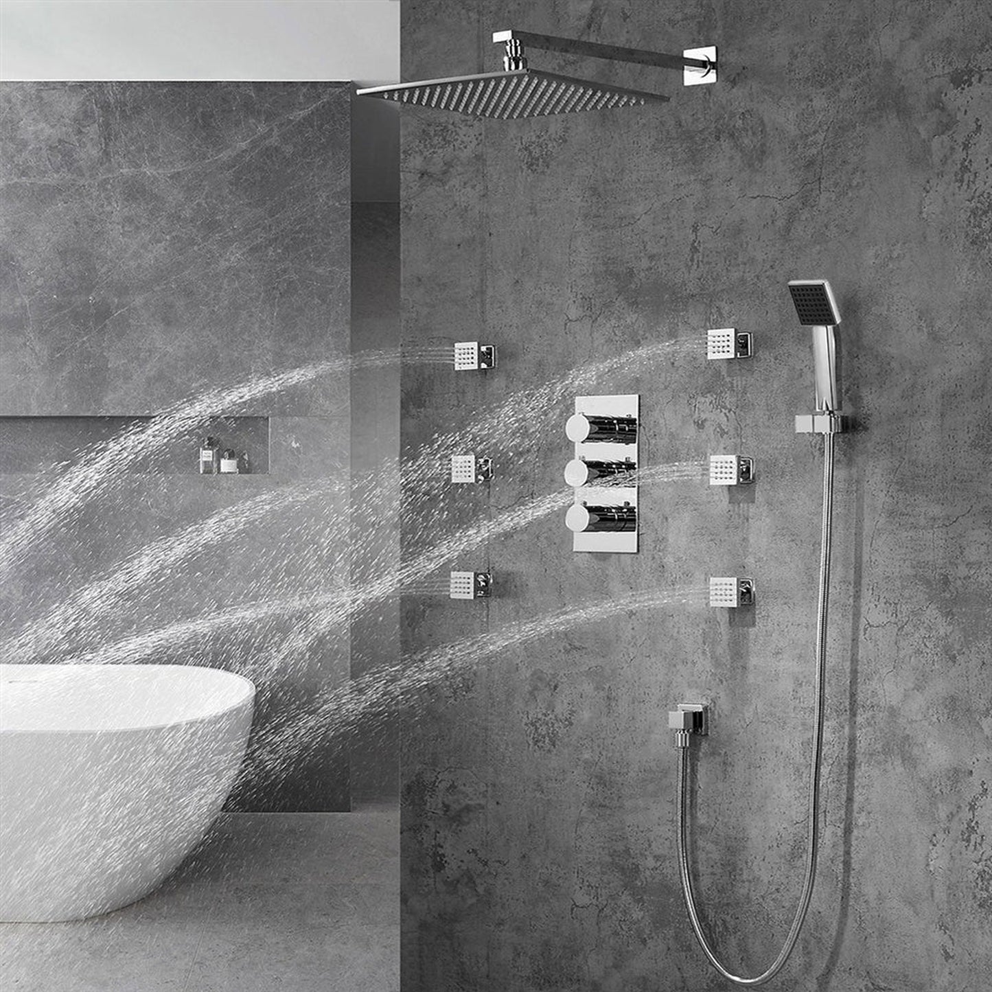 Fontana Trialo 12" Polished Chrome Round Wall-Mounted Color Changing LED Shower System With Thermostatic Mixer, Adjustable 6-Body Jets and Hand Shower