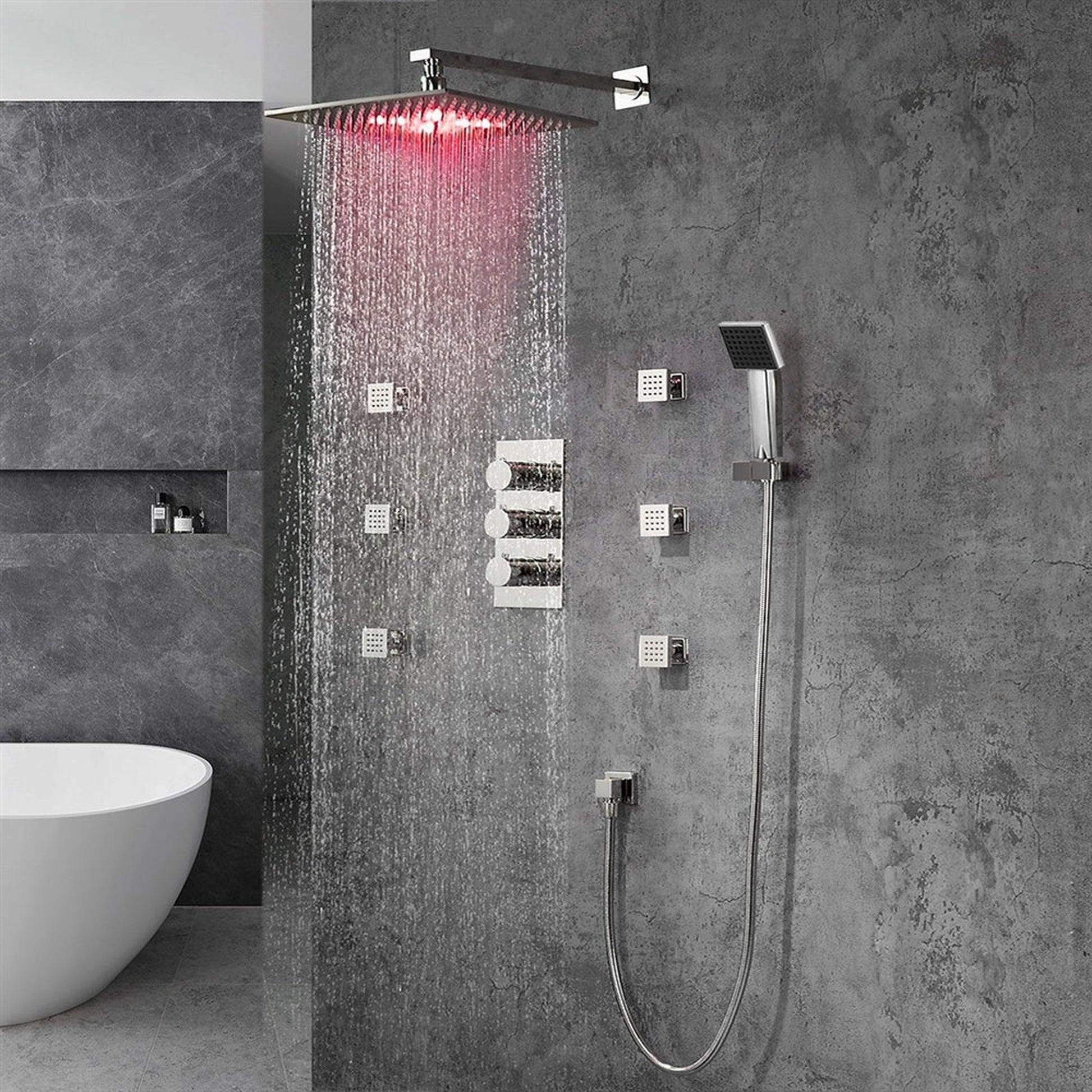 Fontana Trialo 12" Polished Chrome Square Wall-Mounted Color Changing LED Shower System With Regular Mixer, Adjustable 6-Body Jets and Hand Shower