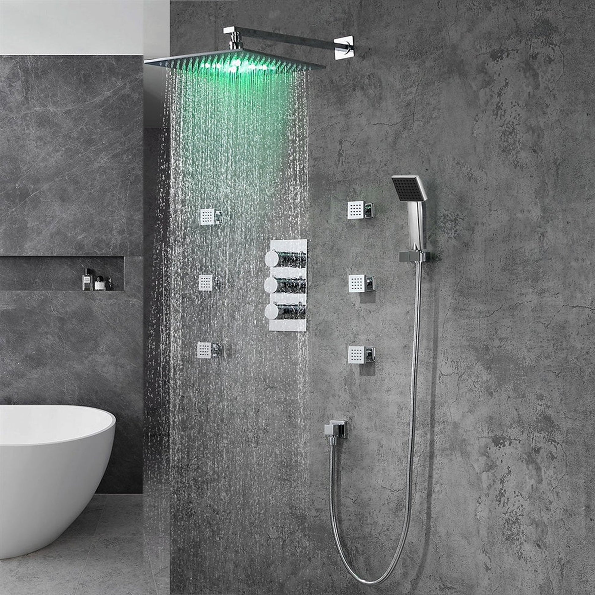 Fontana Trialo 12" Polished Chrome Square Wall-Mounted Color Changing LED Shower System With Thermostatic Mixer, Adjustable 6-Body Jets and Hand Shower