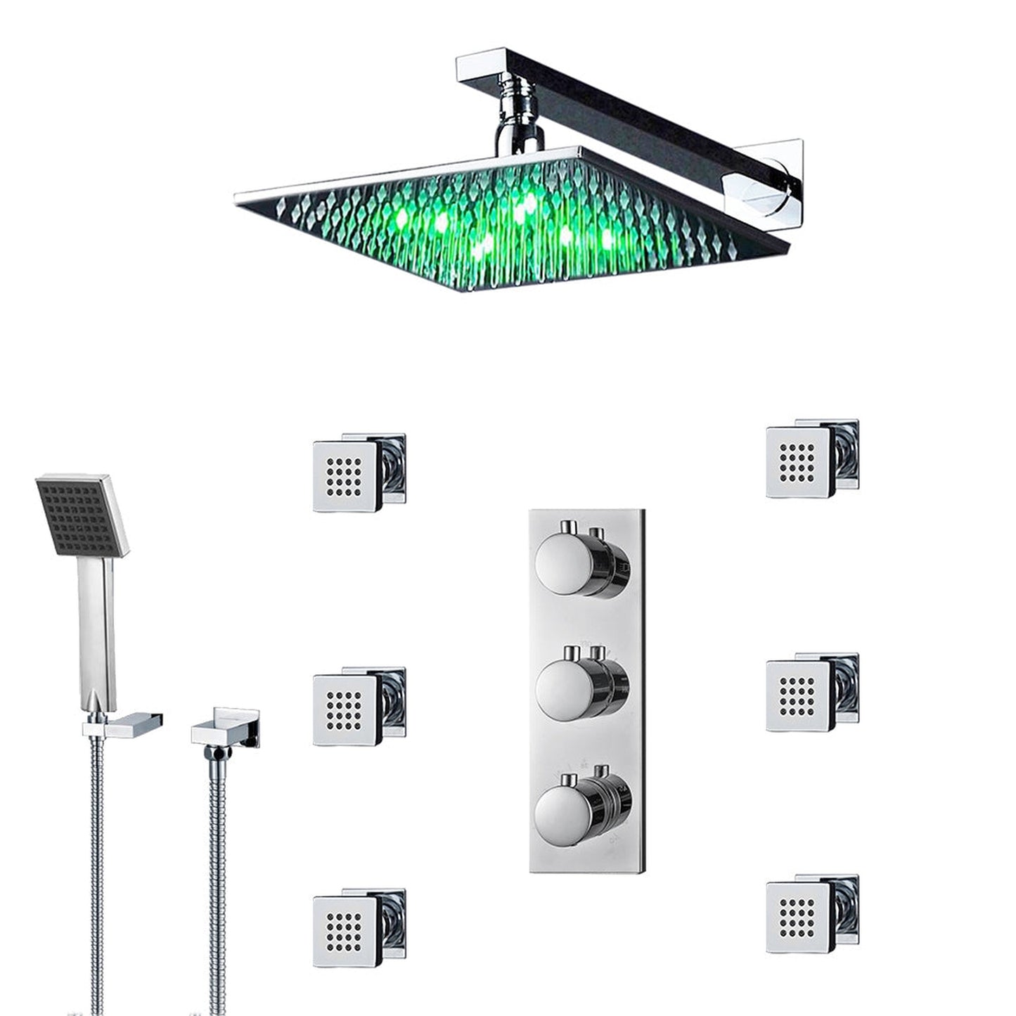 Fontana Trialo 12" Polished Chrome Square Wall-Mounted Color Changing LED Shower System With Thermostatic Mixer, Adjustable 6-Body Jets and Hand Shower