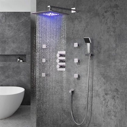 Fontana Trialo 20" Polished Chrome Round Wall-Mounted Color Changing LED Shower System With Regular Mixer, Adjustable 6-Body Jets and Hand Shower