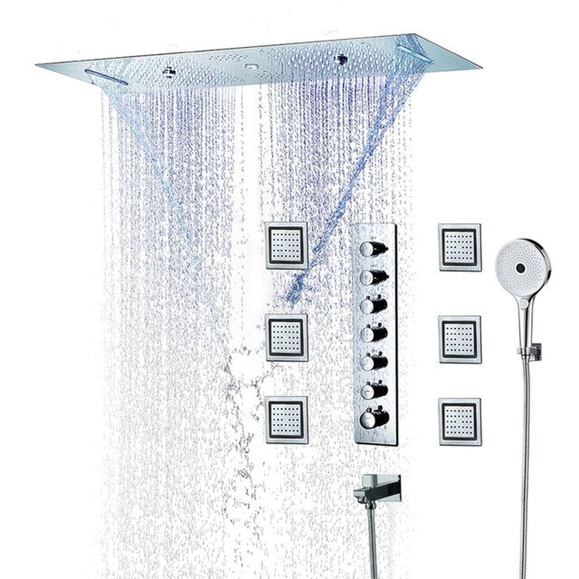 Fontana Turin Chrome Large Recessed Ceiling Mounted Remote Controlled Thermostatic LED Waterfall Rainfall Musical Shower System With 6-Jet Body Sprays and Round Hand Shower