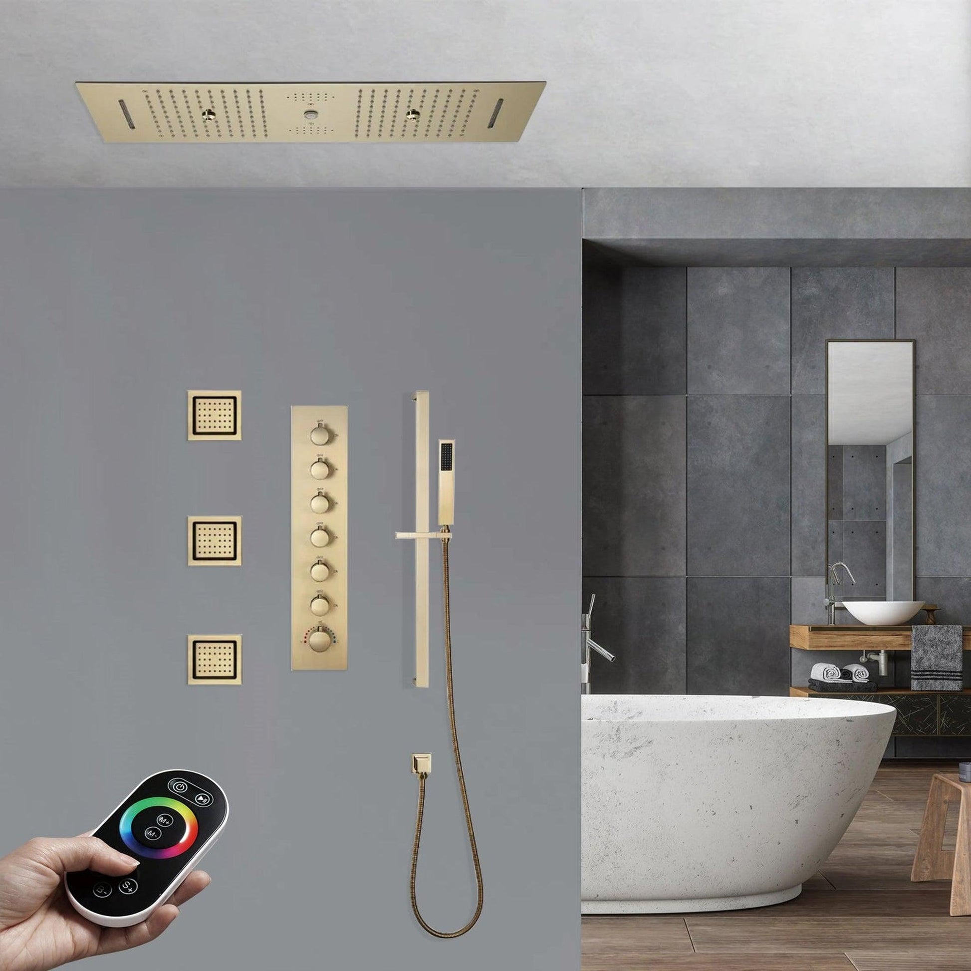 Fontana Varese Brushed Gold Recessed Ceiling Mounted Remote Controlled Thermostatic LED Waterfall Rainfall Water Column Mist Shower System With Hand Shower and 3-Jet Body Sprays