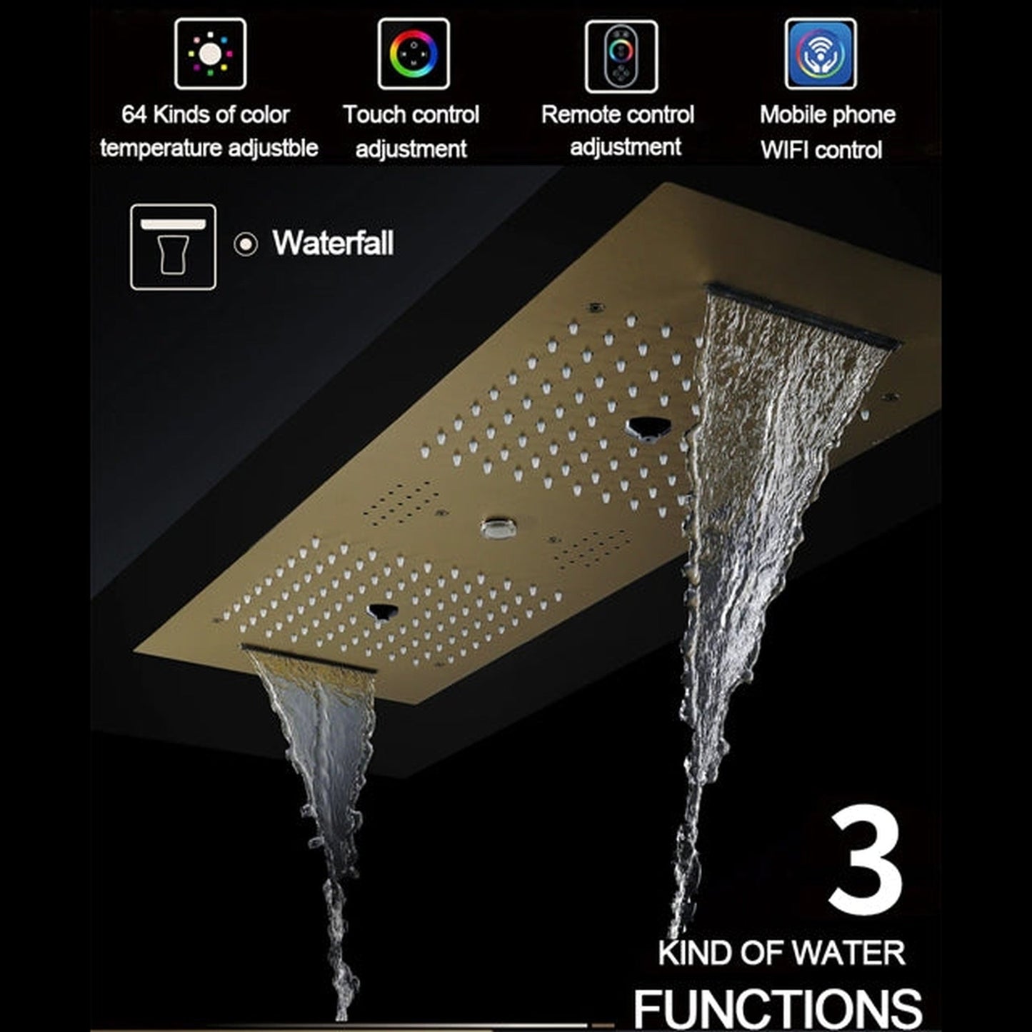 Fontana Varese Brushed Gold Recessed Ceiling Mounted Remote Controlled Thermostatic LED Waterfall Rainfall Water Column Mist Shower System With Hand Shower and 3-Jet Body Sprays