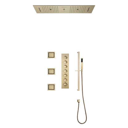 Fontana Varese Brushed Gold Recessed Ceiling Mounted Remote Controlled Thermostatic LED Waterfall Rainfall Water Column Mist Shower System With Hand Shower and 3-Jet Body Sprays