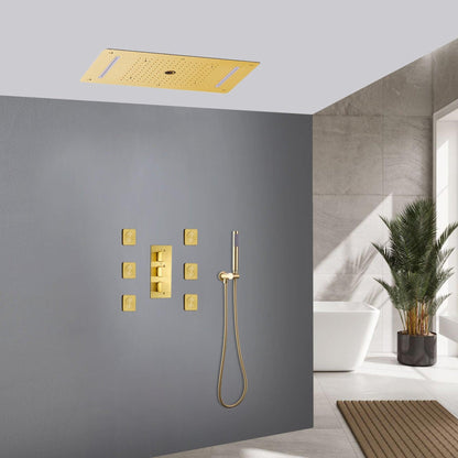 Fontana Varese Brushed Gold Recessed Ceiling Mounted Thermostatic Elegant LED Waterfall Mist Rainfall Shower System With Hand Shower and 6-Jet Body Sprays