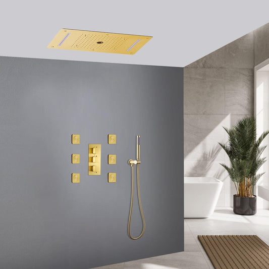 Fontana Varese Brushed Gold Recessed Ceiling Mounted Thermostatic Elegant LED Waterfall Mist Rainfall Shower System With Hand Shower and 6-Jet Body Sprays