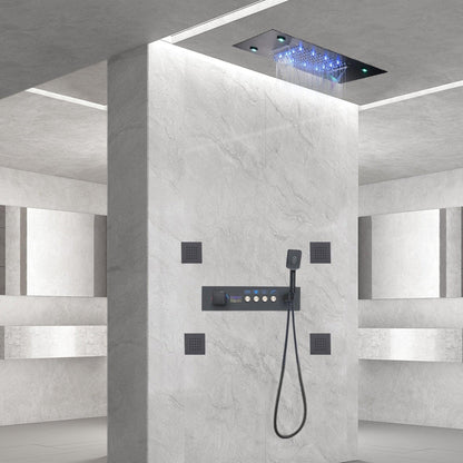 Fontana Venice Matte Black Ceiling Mounted LED Musical Thermostatic Waterfall Shower System With 4-Body Jets and Hand Shower