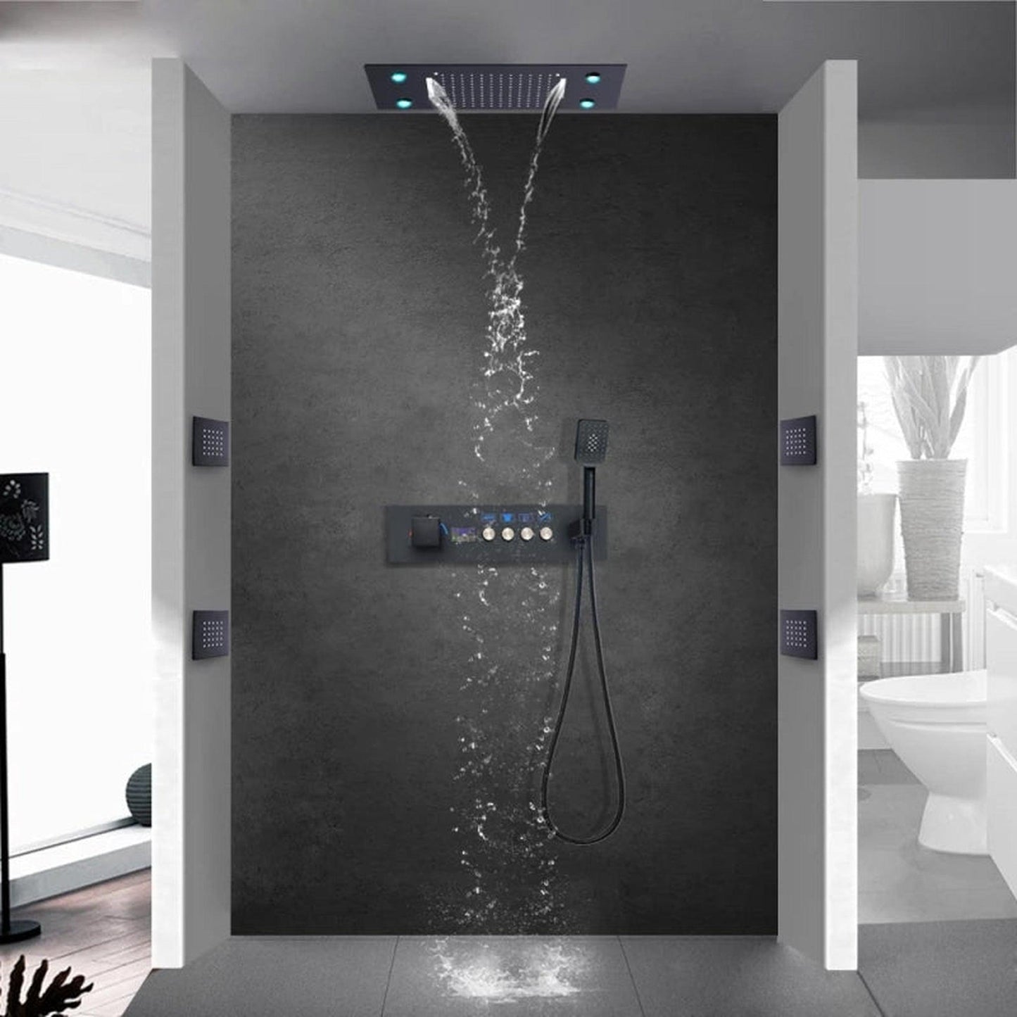 Fontana Venice Matte Black Ceiling Mounted LED Musical Thermostatic Waterfall Shower System With 4-Body Jets and Hand Shower