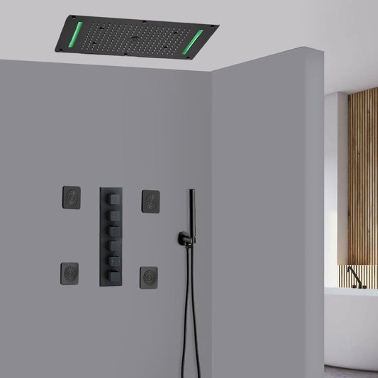 Fontana Vicenza Matte Black Recessed Ceiling Mounted Thermostatic LED Mist Waterfall Rainfall Shower System With 4-Jet Body Sprays and Hand Shower