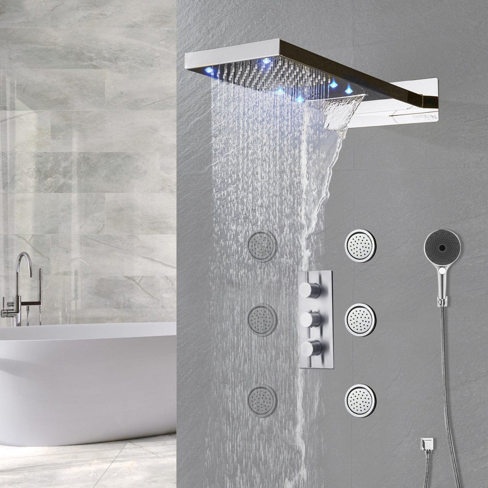 Fontana Warsaw Chrome Wall-Mounted Waterfall & Rainfall LED Shower System With 6-Jet Body Sprays and Hand Shower