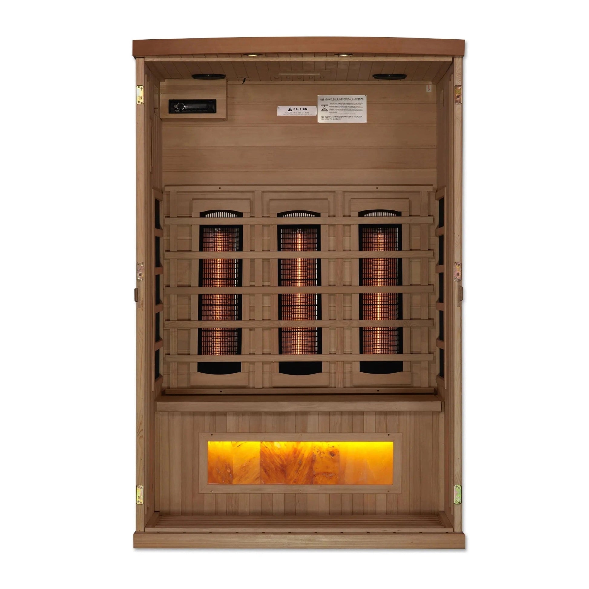 Golden Designs 2-Person Full Spectrum PureTech Near Zero EMF FAR Infrared Carbon Sauna With Himalayan Salt Bar in Canadian Hemlock