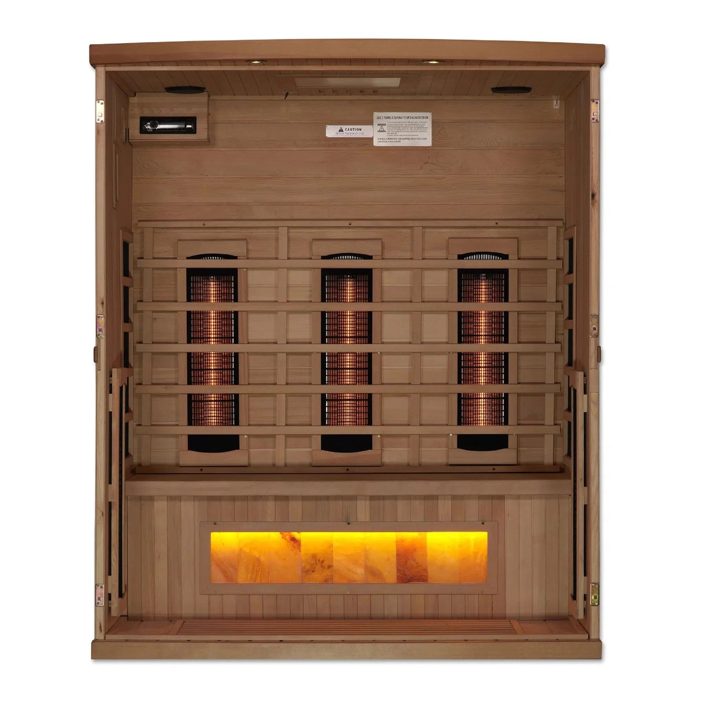 Golden Designs 3-Person Full Spectrum PureTech Near Zero EMF FAR Infrared Carbon Sauna With 1 Himalayan Salt Bar in Canadian Hemlock