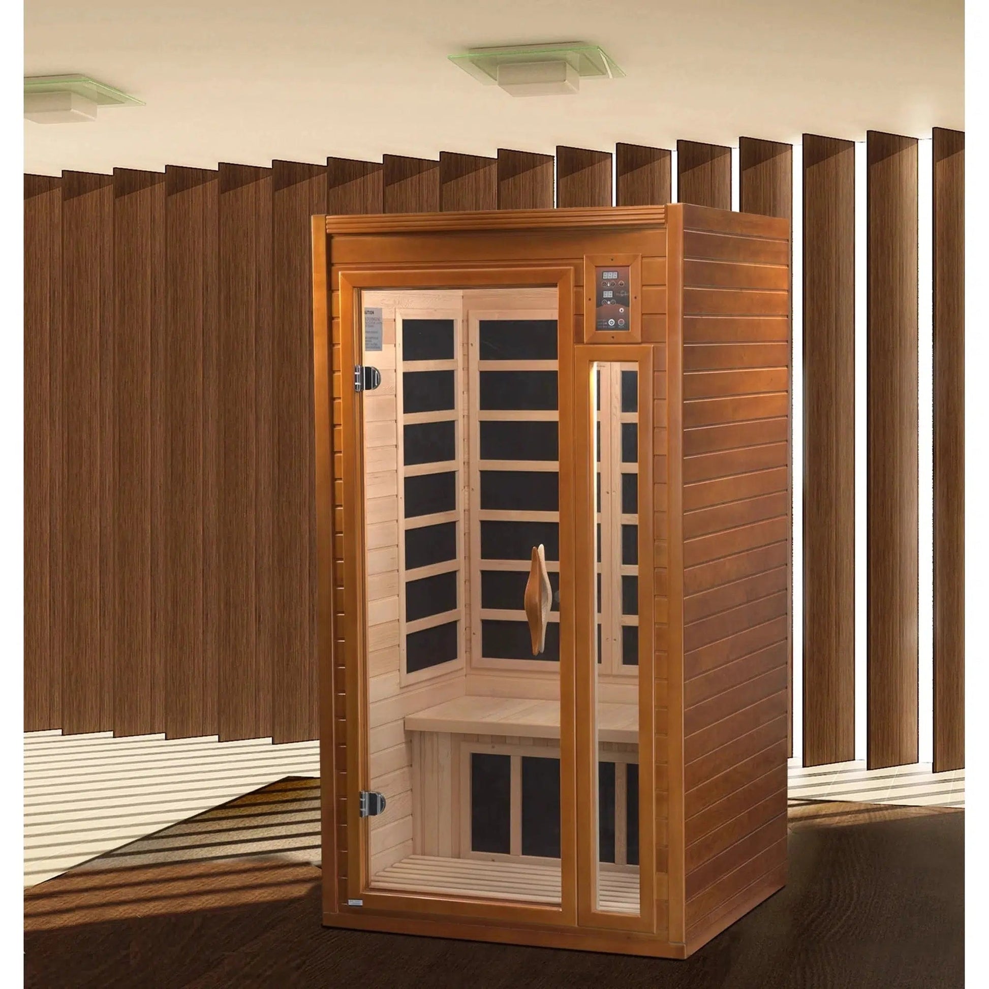 Golden Designs Dynamic Barcelona Elite 1-2-Person Ultra Low EMF FAR Infrared Carbon Sauna in Canadian Hemlock
