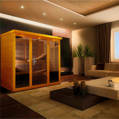 Golden Designs Dynamic Monaco 6-Person Near Zero EMF FAR Infrared Carbon Sauna in Canadian Hemlock