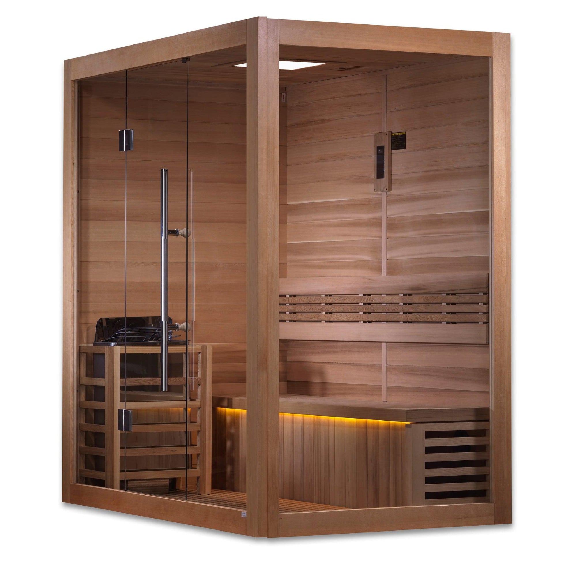 Golden Designs Forssa Edition 3-Person Indoor Traditional Steam Sauna All Glass Front and Wooden Right Side Wall in Canadian Red Cedar Interior and Hemlock Exterior