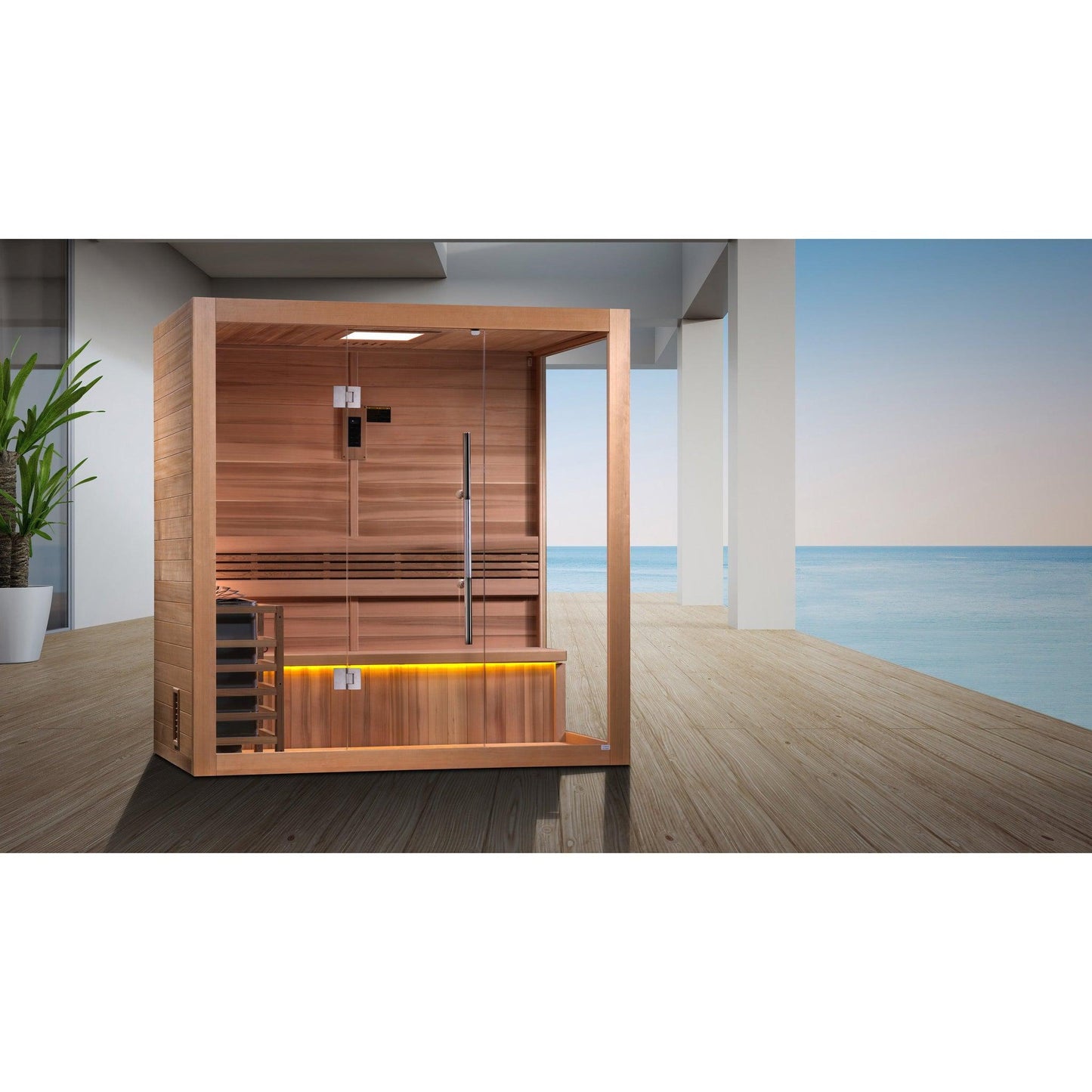 Golden Designs Forssa Edition 3-Person Indoor Traditional Steam Sauna All Glass Front and Wooden Right Side Wall in Canadian Red Cedar Interior and Hemlock Exterior