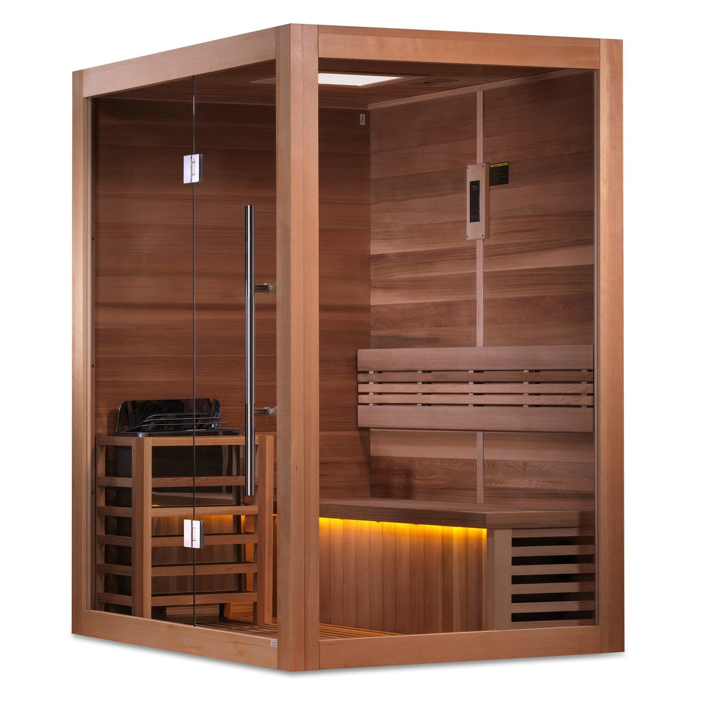 Golden Designs Hanko Edition 2-Person Indoor Traditional Steam Sauna All Glass Front and Wooden Right Side Wall in Canadian Red Cedar Interior and Hemlock Exterior