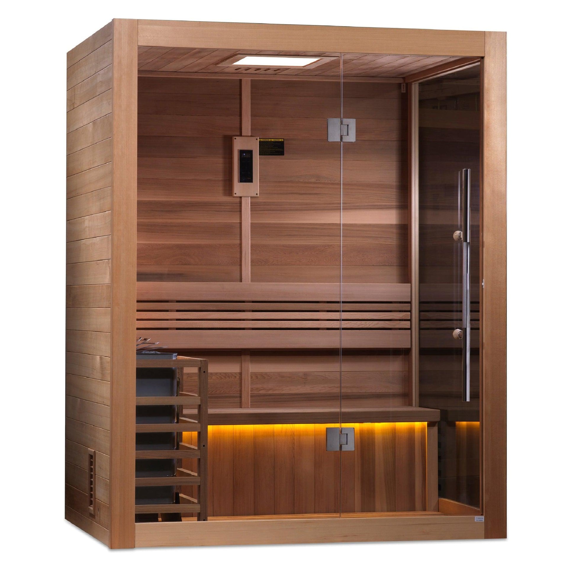 Golden Designs Hanko Edition 2-Person Indoor Traditional Steam Sauna All Glass Front and Wooden Right Side Wall in Canadian Red Cedar Interior and Hemlock Exterior