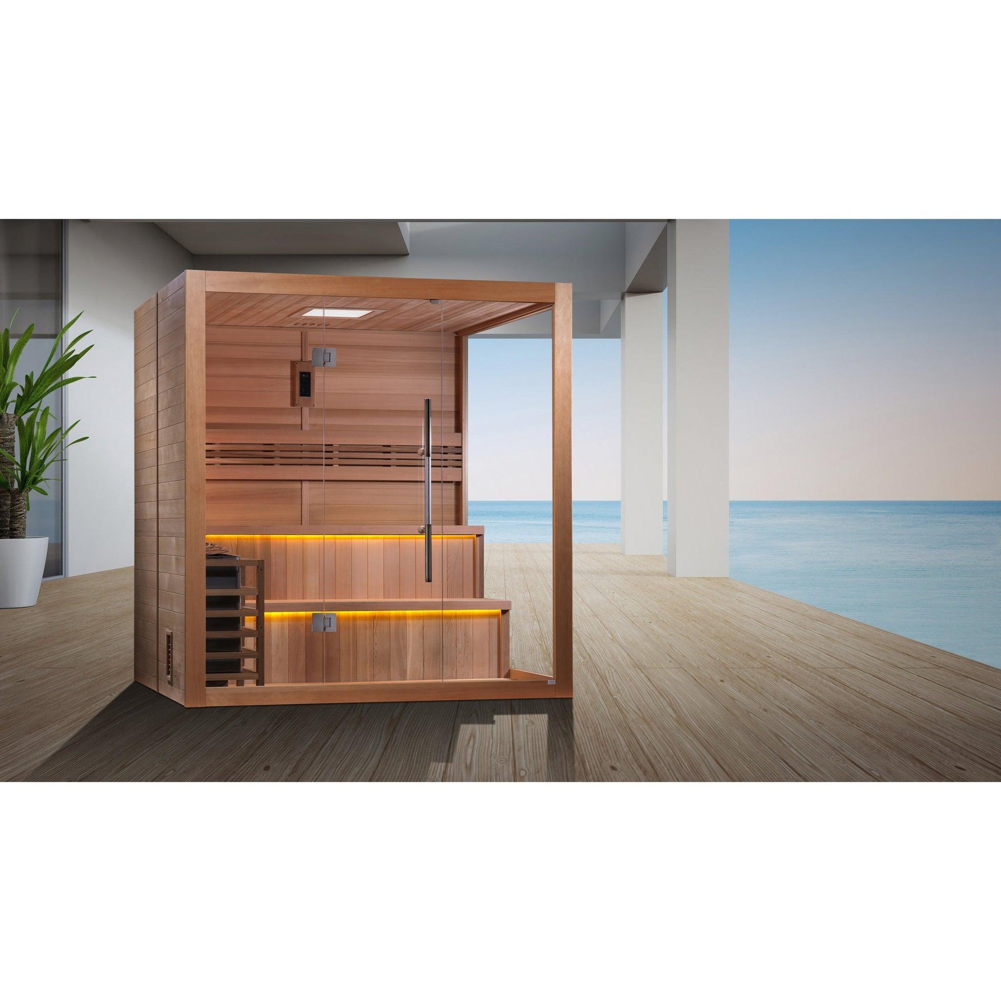 Golden Designs Kuusamo Edition 6-Person Indoor Traditional Steam Sauna All Glass Front and Wooden Right Side Wall in Canadian Red Cedar Interior and Hemlock Exterior