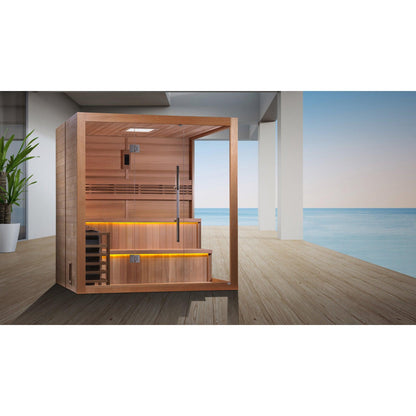 Golden Designs Kuusamo Edition 6-Person Indoor Traditional Steam Sauna All Glass Front and Wooden Right Side Wall in Canadian Red Cedar Interior and Hemlock Exterior