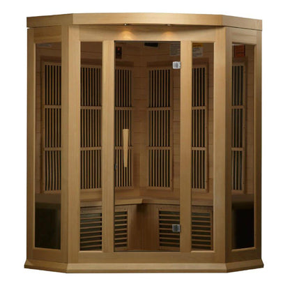 Golden Designs Maxxus 3-Person Corner Low EMF FAR Infrared Carbon Sauna in Canadian Hemlock